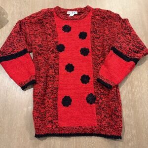 Vintage Buttons & Bows Women's M Red Black Cable Knit Floral Sweater 80s 90s